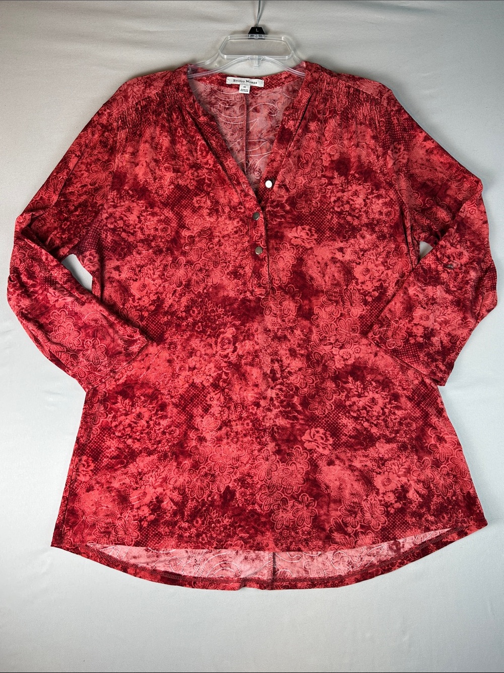 Studio Works Women’s Red Floral Henley Tunic Shirt Top V-Neck